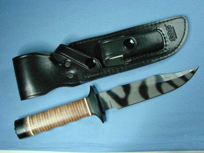 SOG S1 Bowie Tigerstriped with leather sheath and sharpening stone. (Photo:"70chevelless" - bladeforums)
